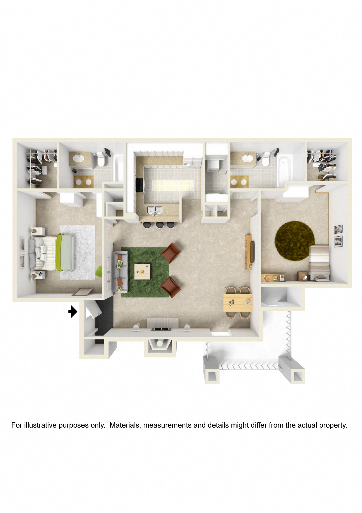 Floor plan for 2 beds, 2 baths, 1050 sqft